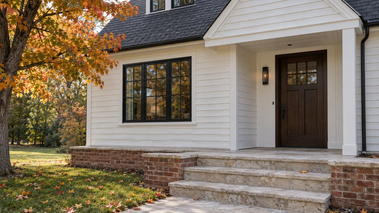 White clapboard home with a recessed dark wood entry, limestone steps, and an amber maple tree.