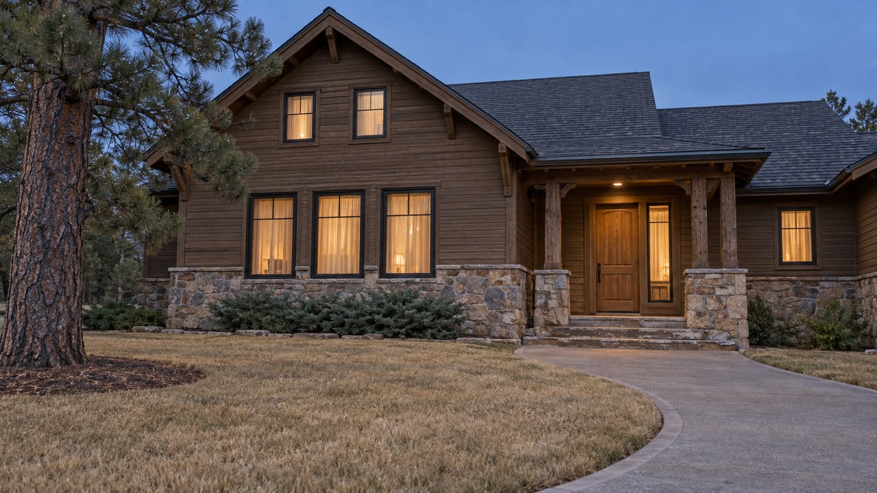 Timber-and-stone home with softly glowing windows beyond a deep tawny lawn at twilight.