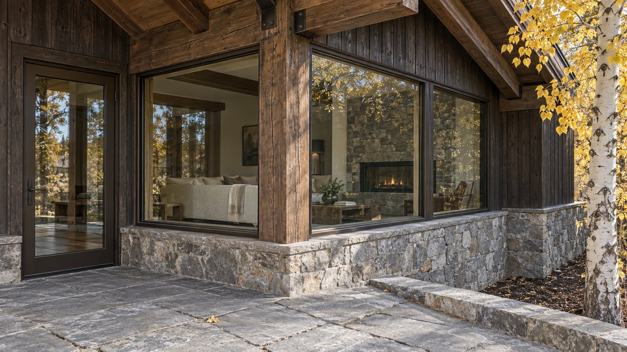 Timber and stone home with a covered quartzite terrace, bronze-framed glazing, and a yellow-leaved aspen beside the facade.