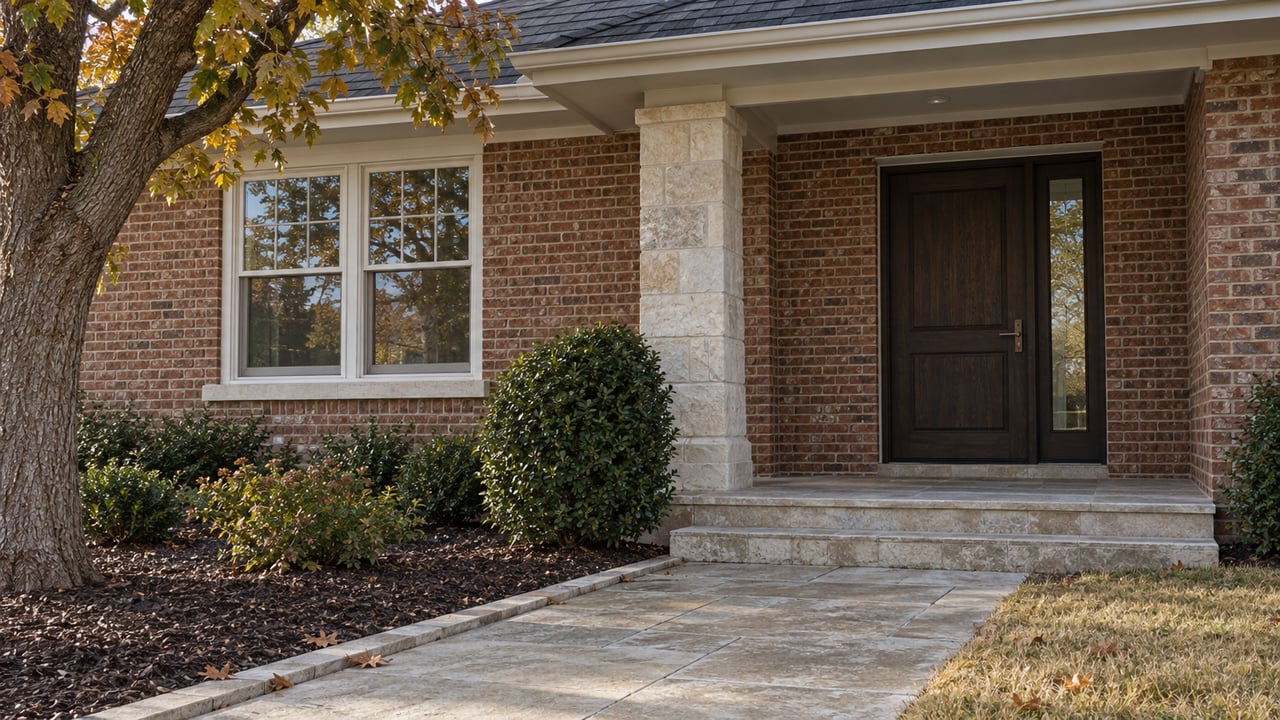 Red-brown brick home with a limestone porch, dark oak front door and mature bur oak beside a pale stone garden walk.