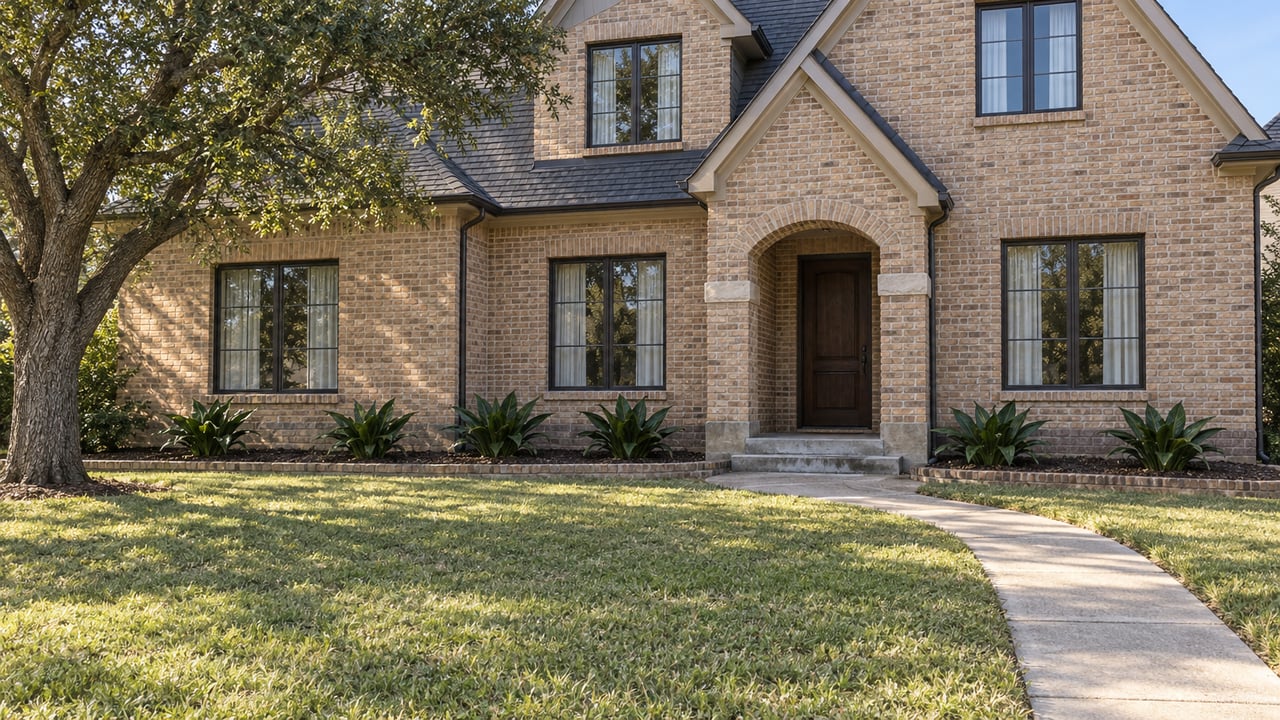 Buff-brick two-story home with an arched entrance, broad lawn and mature spreading tree in clear morning light.