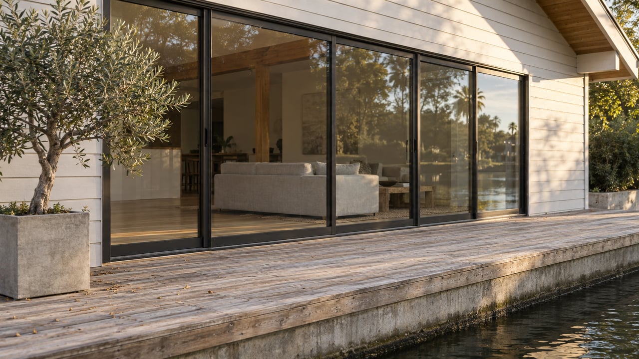 Canal-side home with dark-framed glass doors, a cedar deck, and an olive tree in a concrete planter.