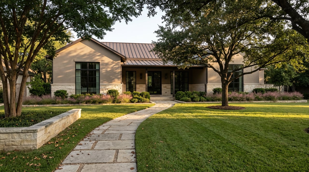 Pale limestone-and-stucco estate behind a broad lawn, with a curving stone path and oak shadows.