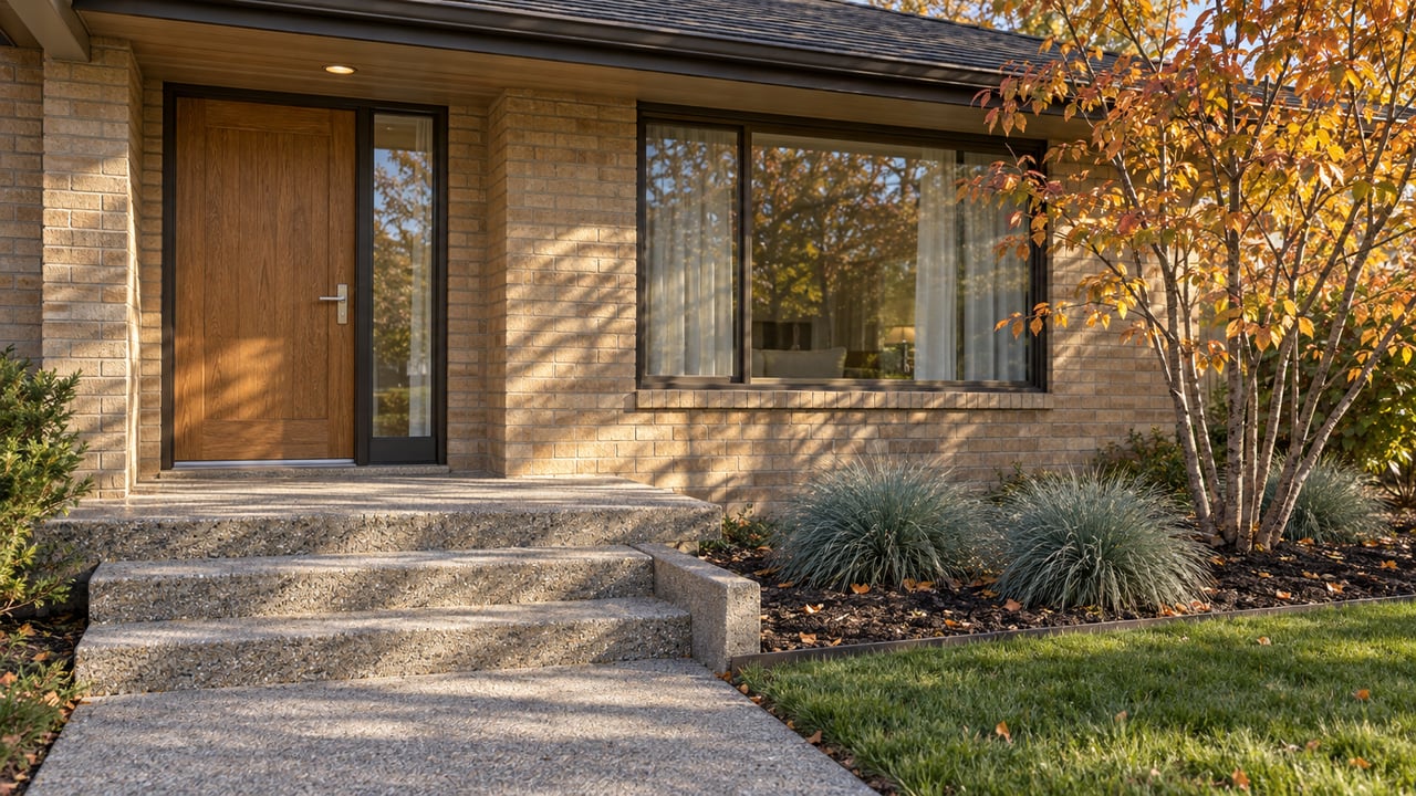 Autumn sunlight on a renovated brick bungalow entrance, concrete steps and a serviceberry beside the front window.