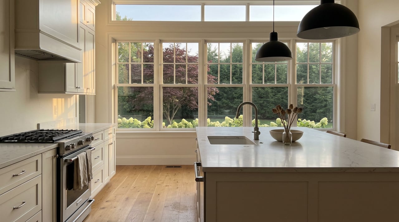 Kitchen island with white shaker cabinets, black pendant lights, and a divided-light window overlooking a Japanese maple.