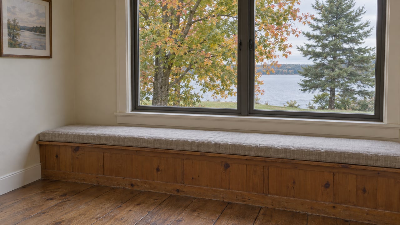 Pine window bench beneath a broad casement window overlooking autumn foliage and a narrow strip of lake.