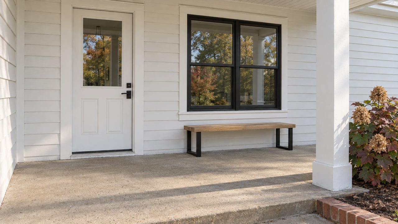 White-sided home porch with a glazed entry door, black-framed window, oak bench, and oakleaf hydrangea beside a brick-edged bed.
