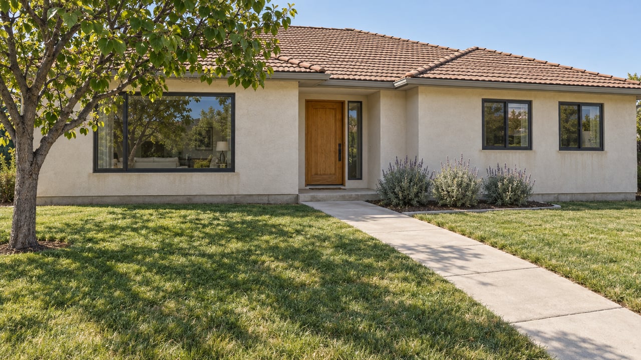 Sunlit single-story stucco home with clay-colored roof tiles, a deep front lawn and a concrete entry walk.