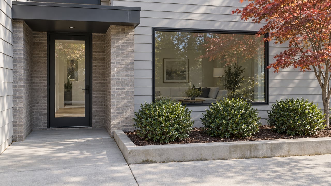 Modern attached home's recessed glazed entry and large window, with gray siding, a concrete approach, inkberry shrubs, and a copper-red Japanese maple.