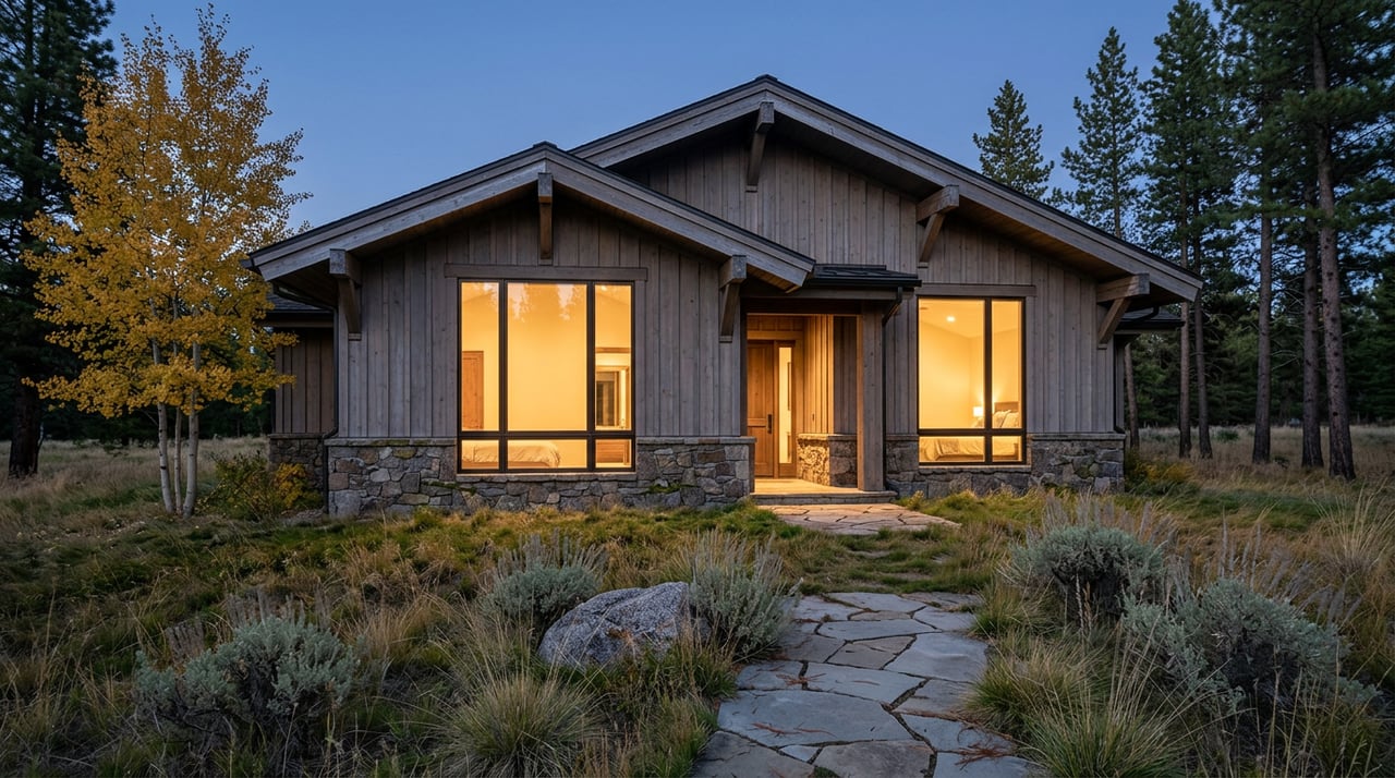 Mountain home glowing at dusk, with golden aspen leaves, meadow grasses, and pines framing its stone-and-timber facade.