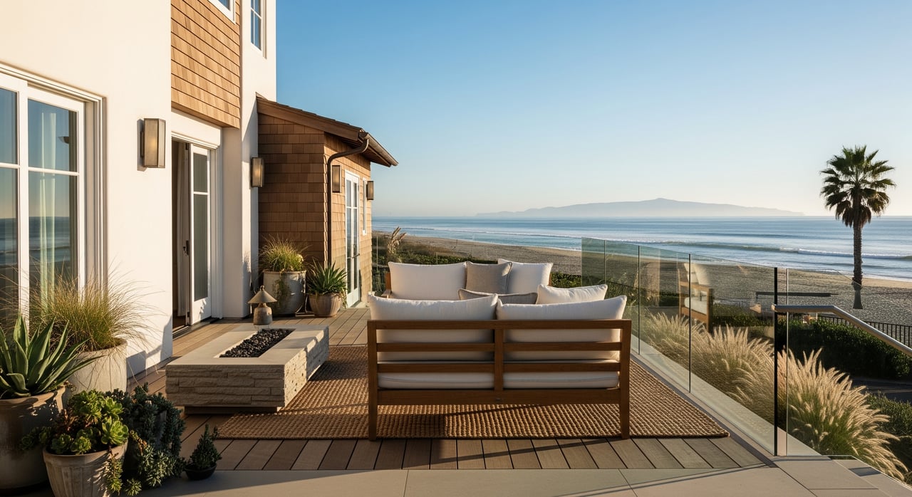Modern coastal home's wooden deck with cushioned sofa, glass railing, ocean, and palm tree.