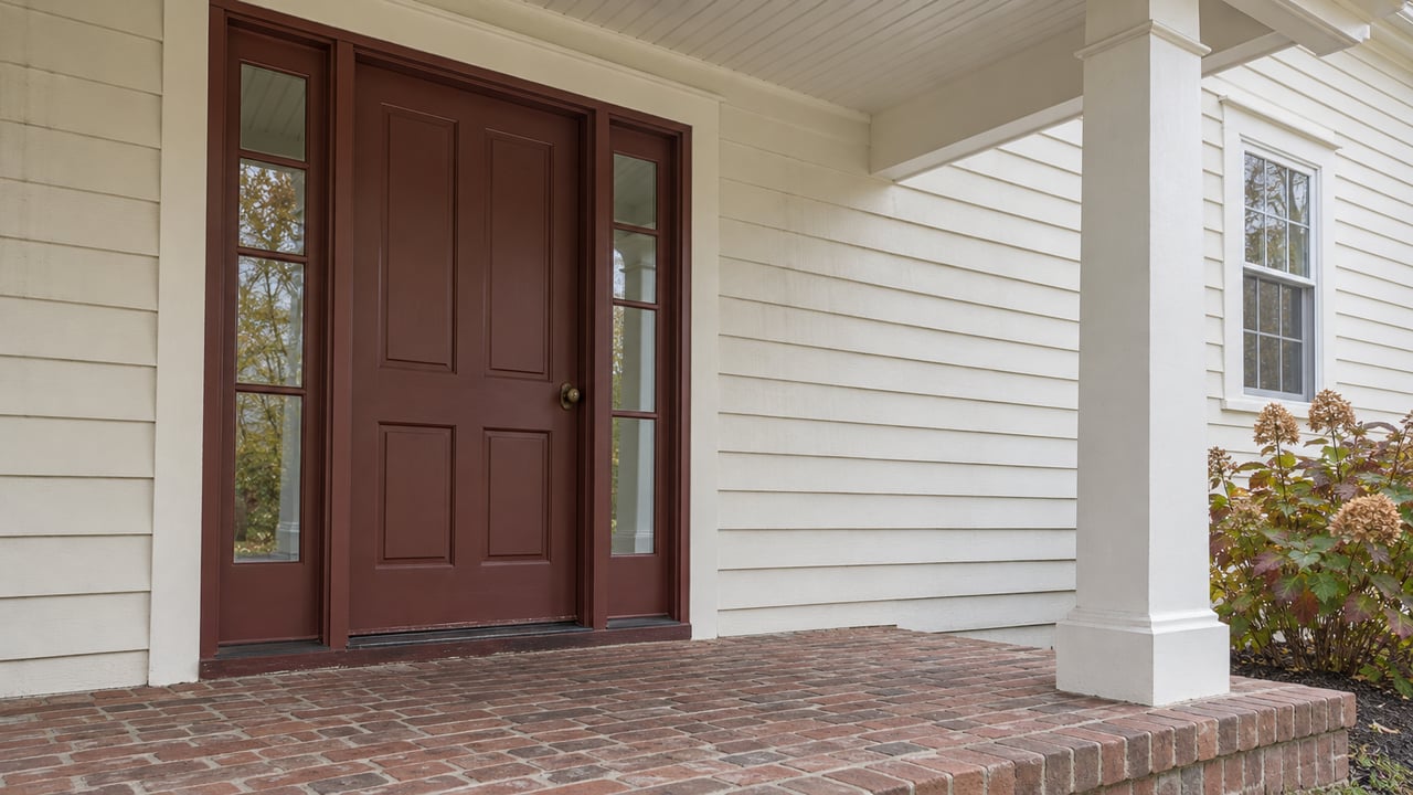 Covered porch with cream clapboard, a muted red door and paired sidelights, weathered brick paving, and an oakleaf hydrangea.