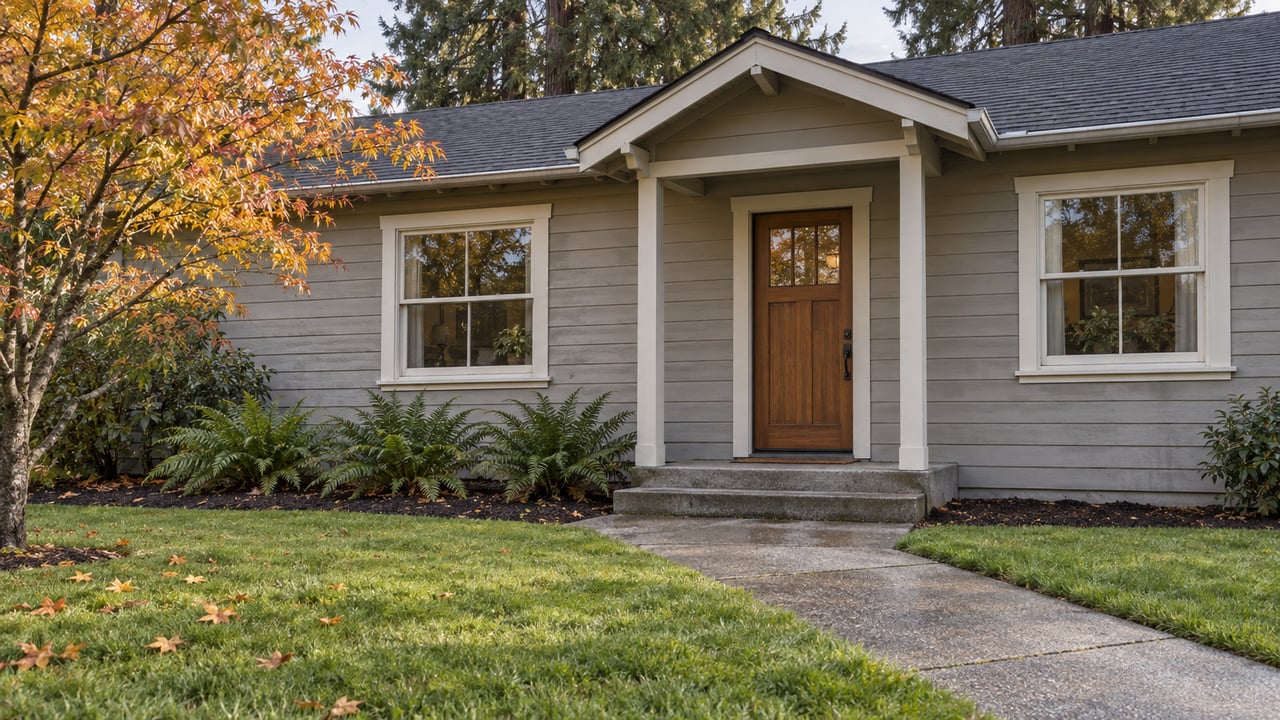 Gray wood-sided cottage with a fir entry door, concrete garden approach, autumn vine maple and sword ferns beneath tall evergreen crowns.