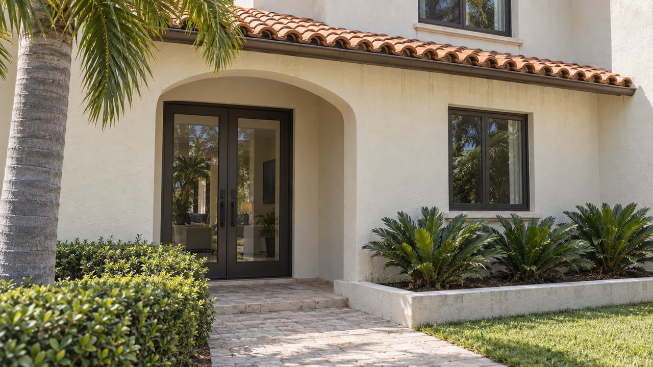 Ivory stucco home with terracotta tile eaves, arched glass entry doors, and tropical plants in a raised bed.