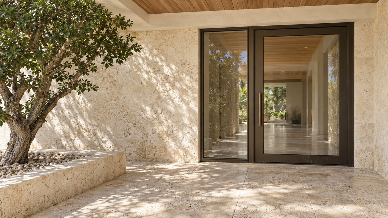 Covered villa entrance with bronze-framed glazing, ivory masonry, limestone paving and a sculptural lignum vitae tree in a raised stone bed.