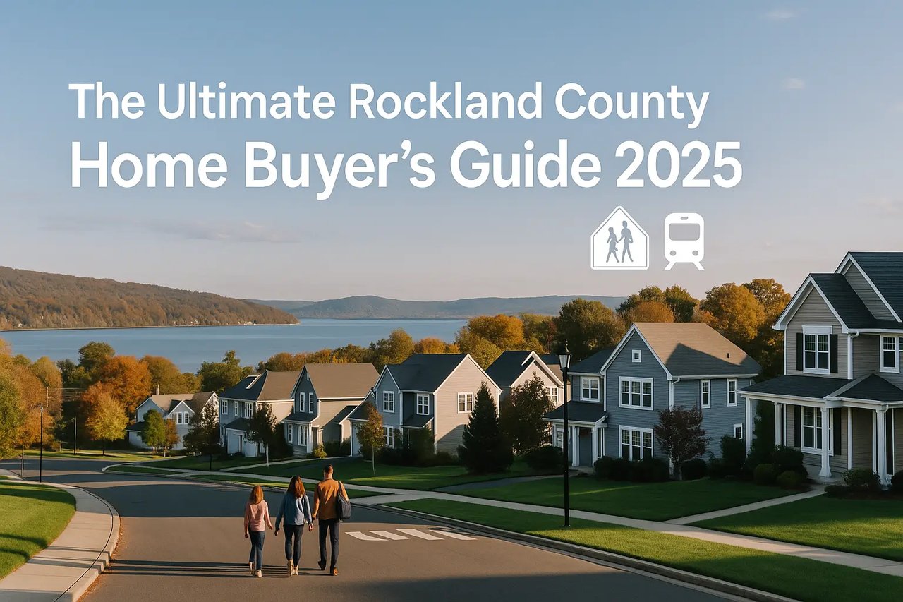 A scenic Rockland County suburban neighborhood overlooking the Hudson River, with a family walking toward modern homes under a clear sky – featured in the 2025 Home Buyer’s Guide.