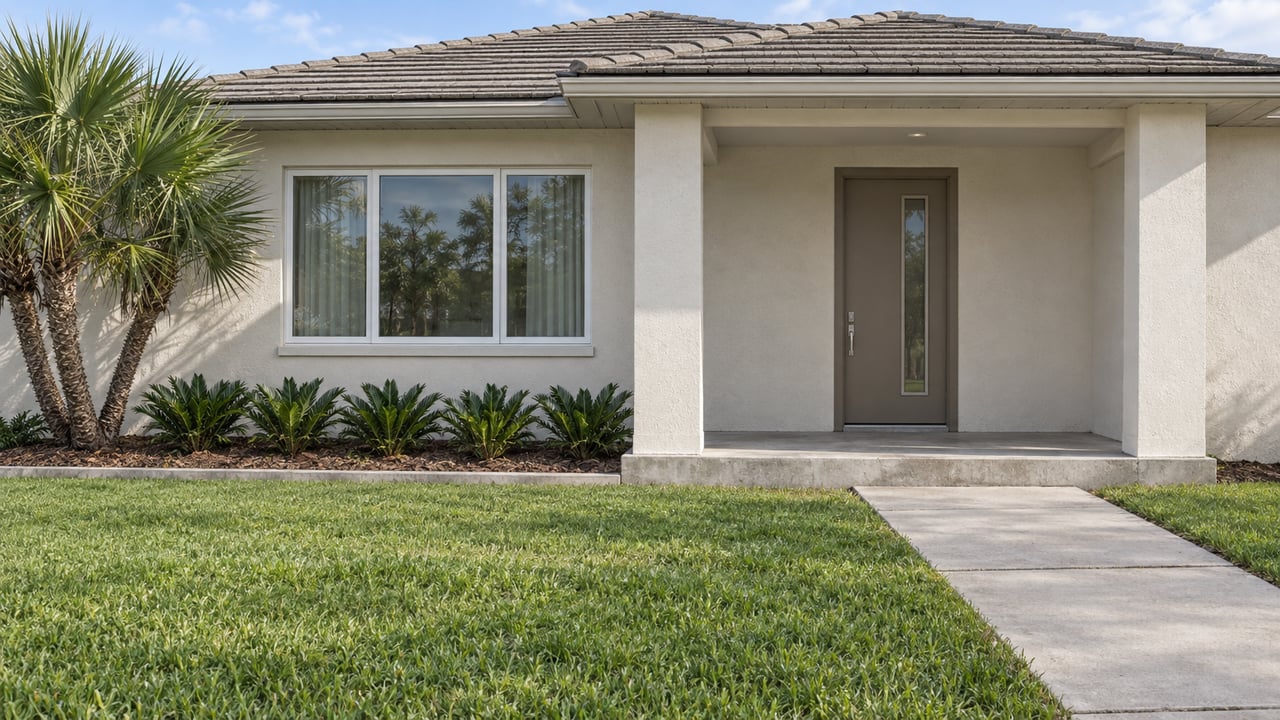 Low view across a green lawn toward a white stucco home with a covered entry, gray tiled roof and carefully spaced native planting.