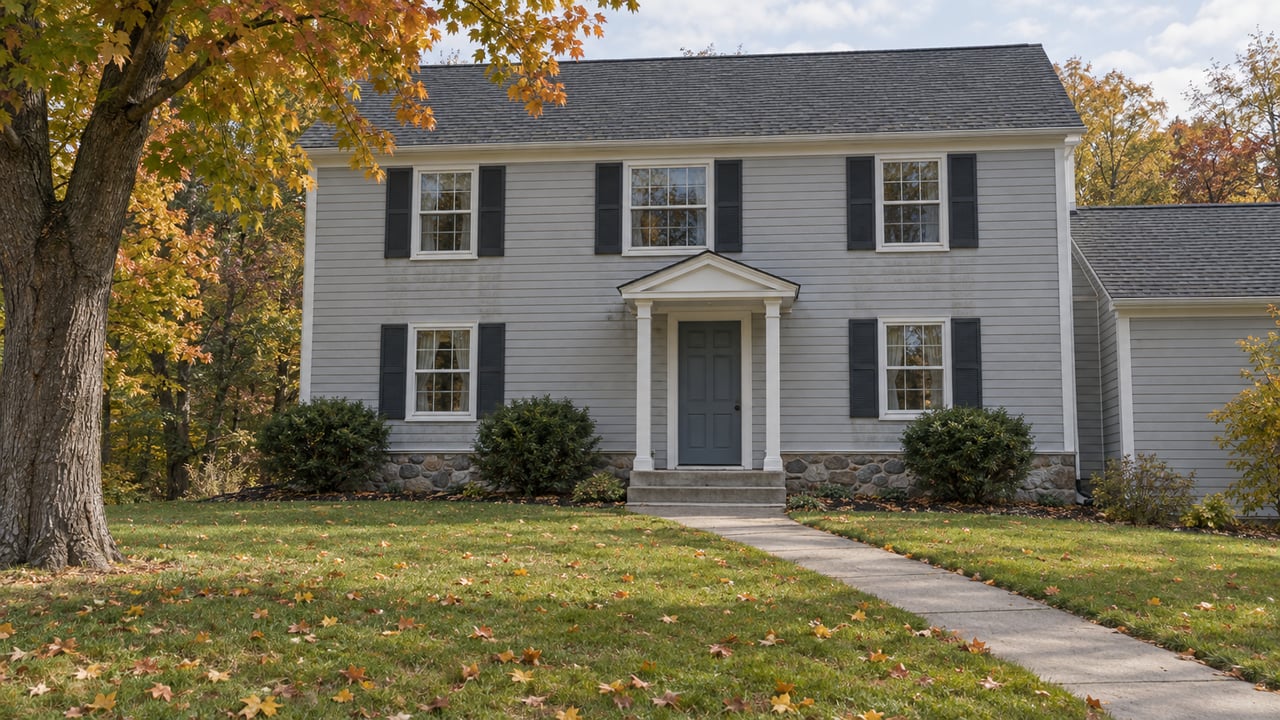 Light gray two-story clapboard house with dark shutters, a blue front door, a concrete walk across an autumn lawn, and a mature maple at the left.