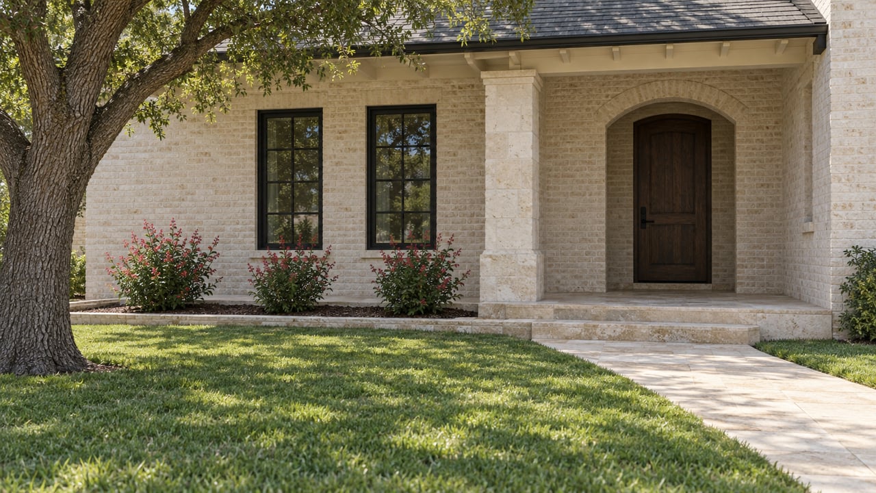 Limestone approach across a green lawn to a shaded brick-and-stone porch with an arched oak entry and mature oak tree.