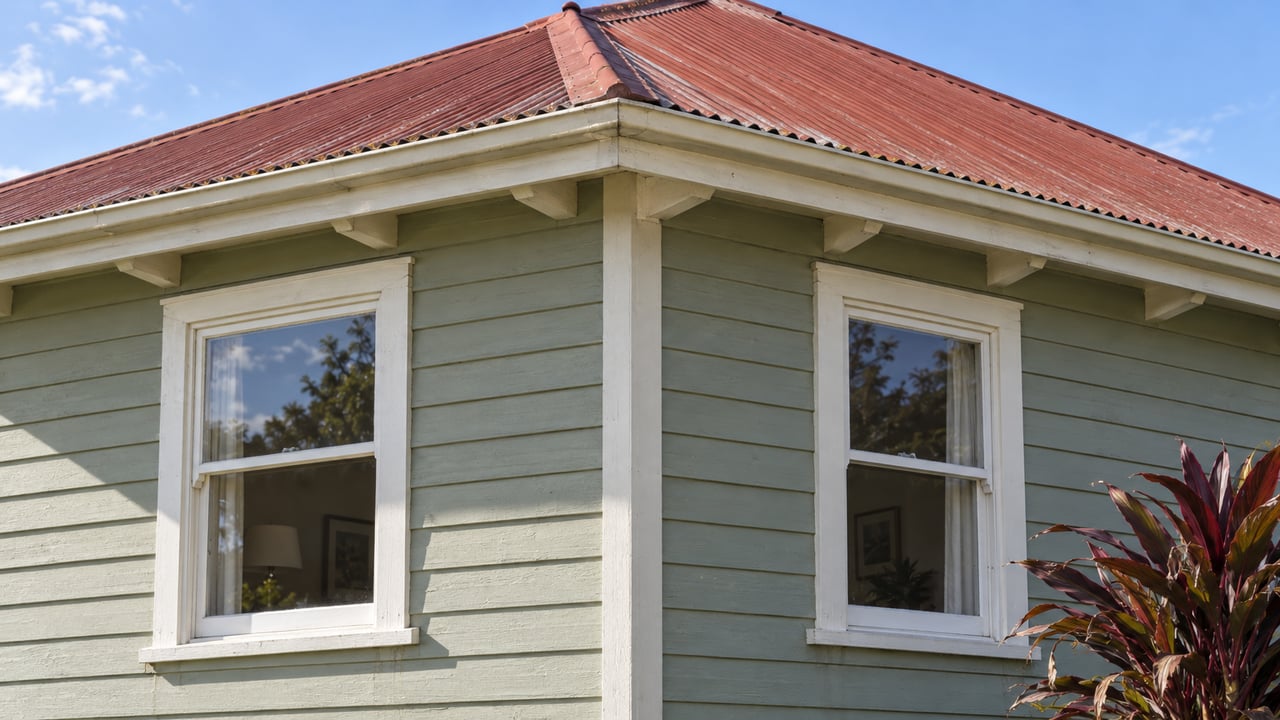 Close view of a modest sage-painted timber cottage with a faded red corrugated roof, broad cream eaves and two white-framed windows.