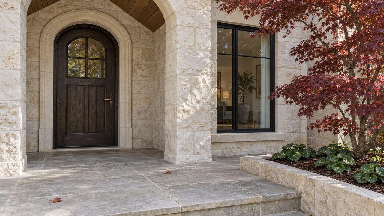 Arched blackened-oak entry and black-framed window in a cream limestone home, beside a burgundy Japanese maple and broad stone landing.