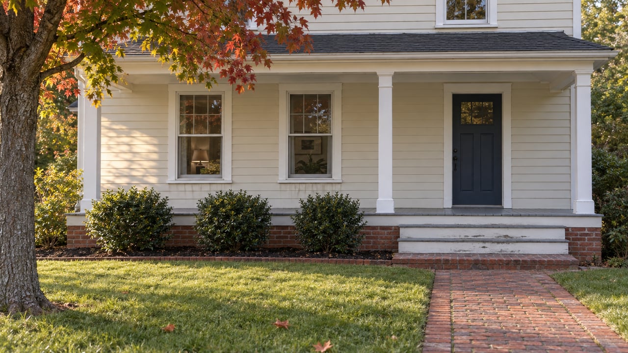 Cream clapboard home with a shallow front porch, worn brick walkway and autumn maple beside an open lawn.