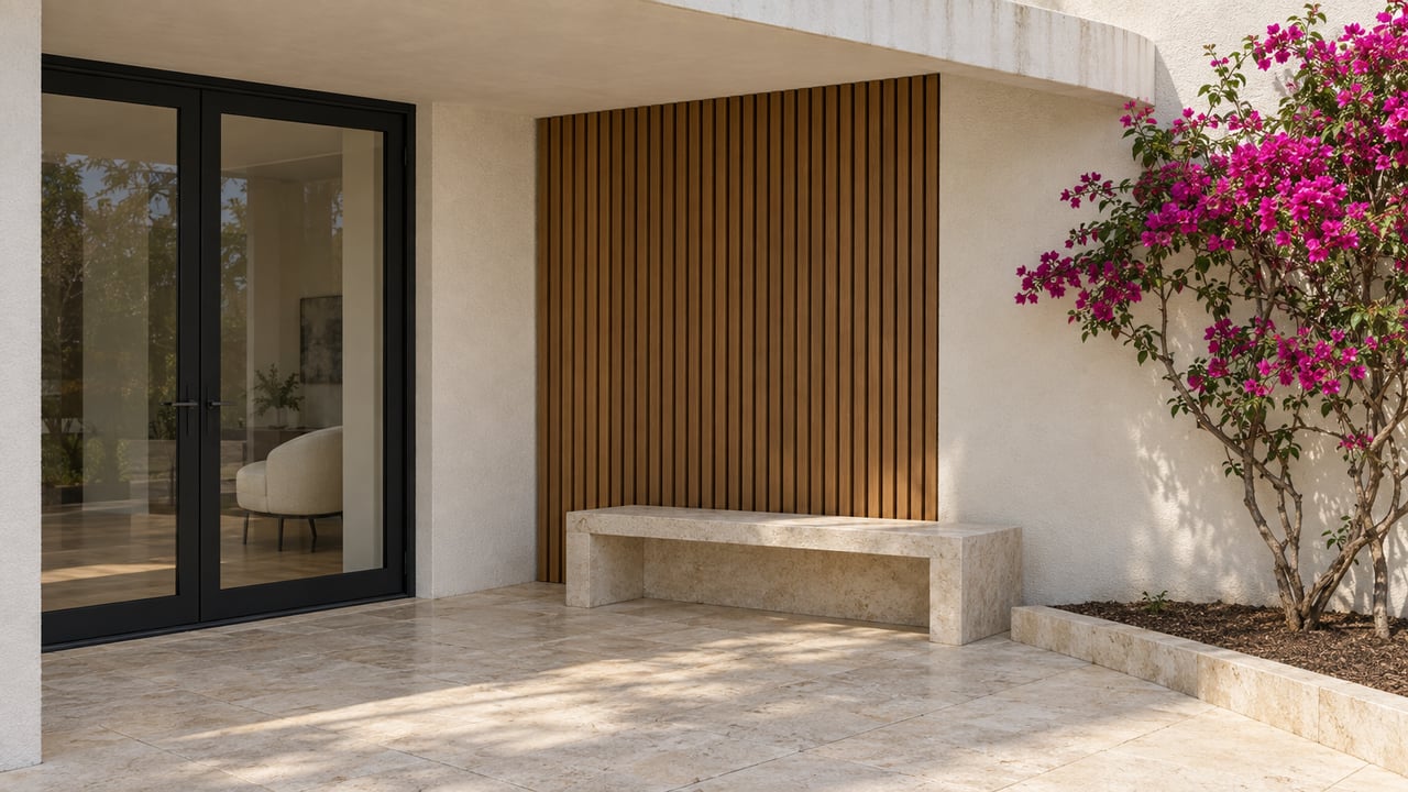 Contemporary home's shaded limestone terrace with closed black-framed glass doors, a stone bench and flowering magenta bougainvillea.