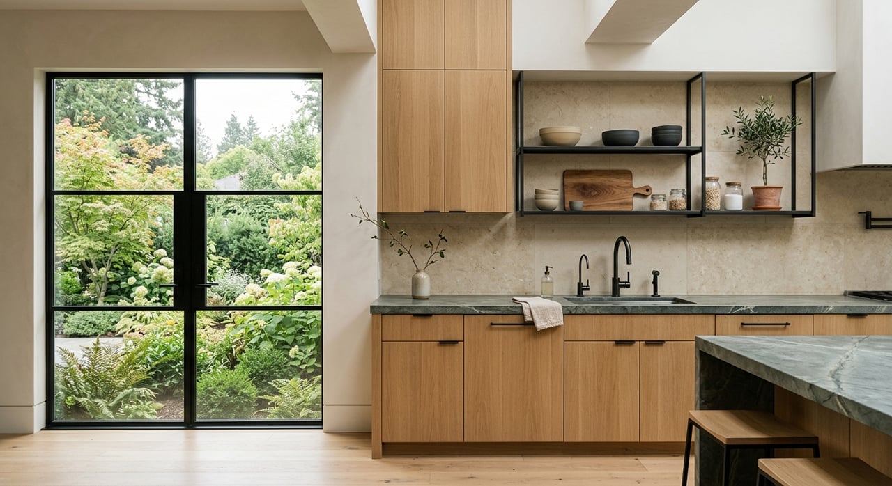 White oak kitchen island with black soapstone counters, a glass vase of maple twigs, and trees beyond the windows.