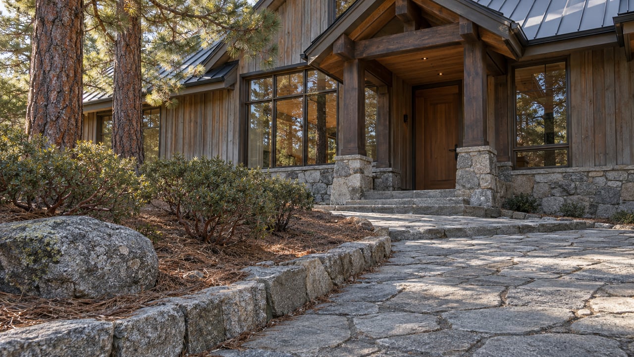 Cedar and granite home with a covered timber entry above a stone approach, surrounded by mature pines and red-stemmed shrubs.