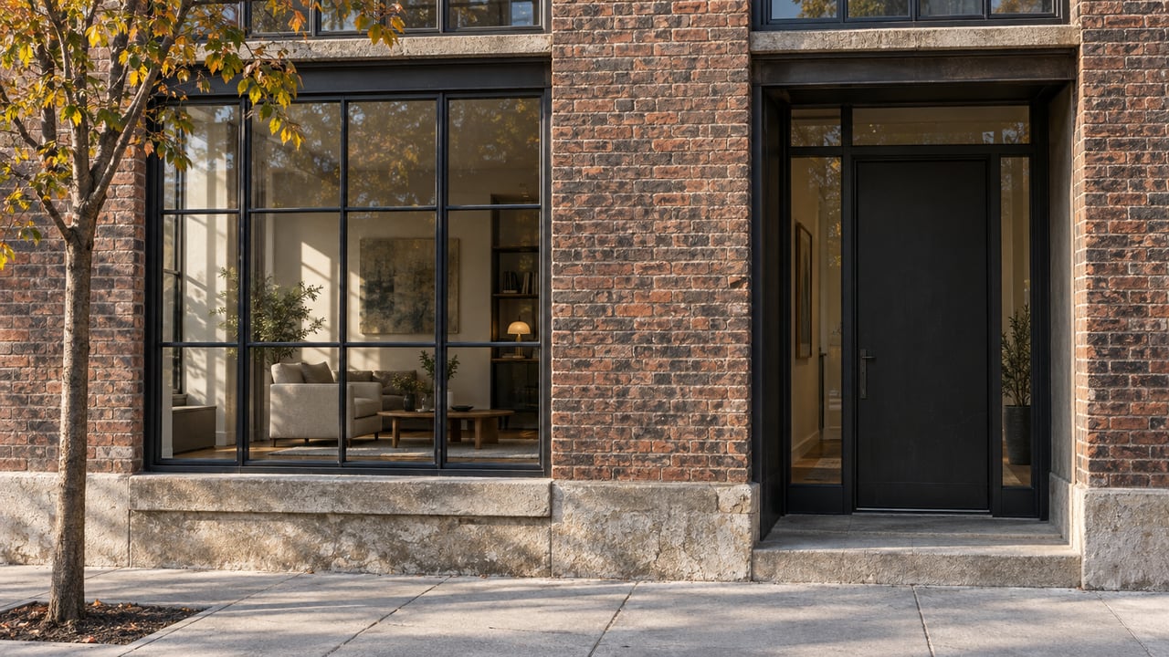 Converted warehouse loft facade with a steel-framed living-room window, recessed entry, and brick pier.