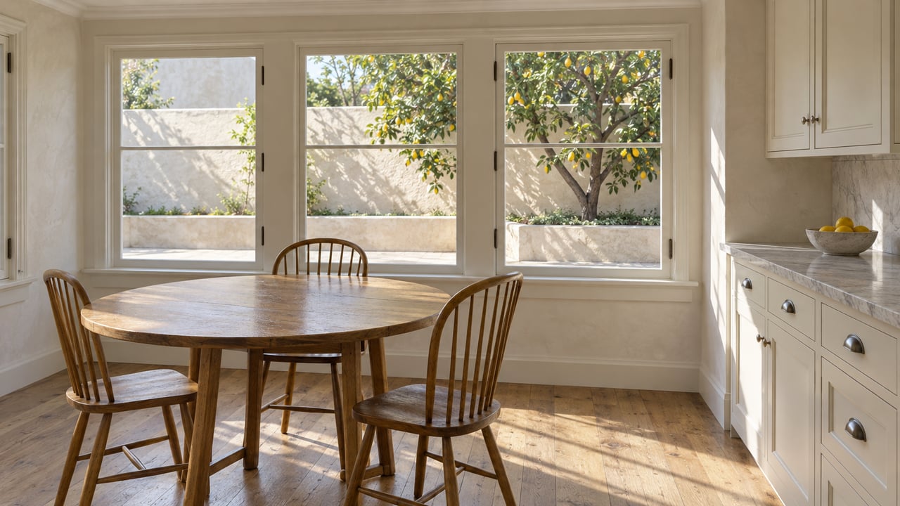 Sunlit breakfast room with an oak table, spindle-back chairs, cream cabinetry and closed windows overlooking a lemon tree.