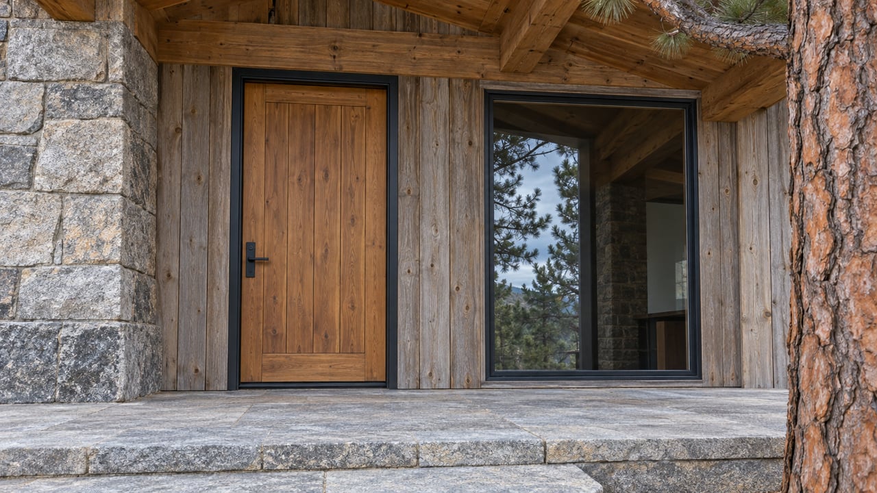 Covered timber home entrance with a cedar door, dark-framed glazing, rough granite pier and stone landing beside a mature pine trunk.