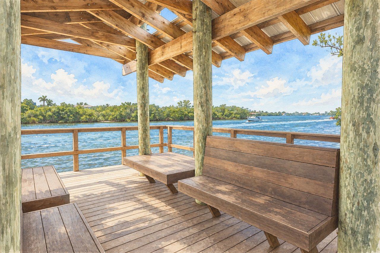 Covered wooden dock with built-in benches overlooks the water and a tree-lined shore.