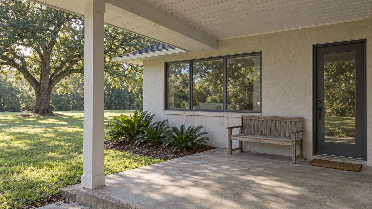 A shaded concrete porch beside a pale stucco home opens onto a broad lawn beneath a mature live oak.