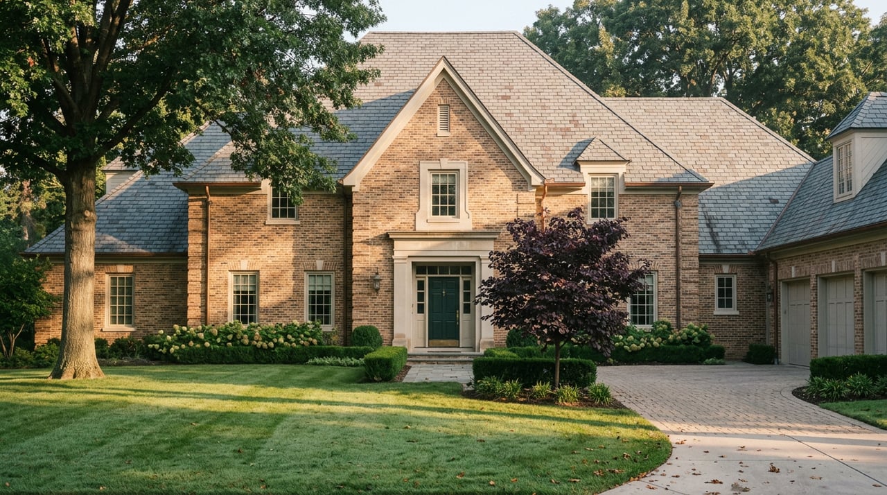 Traditional brick estate with a deep front lawn, curved driveway, and symmetrical facade beneath mature trees.