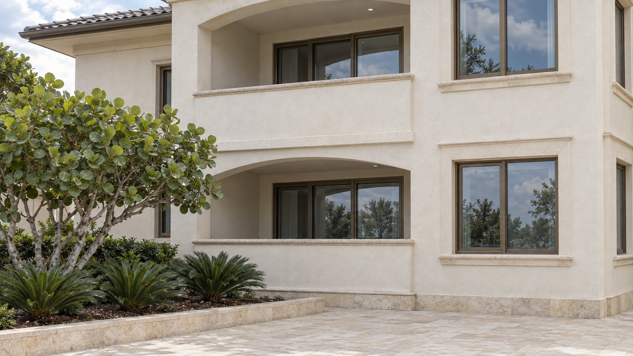 Light stucco condominium facade with arched balconies, bronze-framed glass doors and a sea grape tree beside a limestone approach.