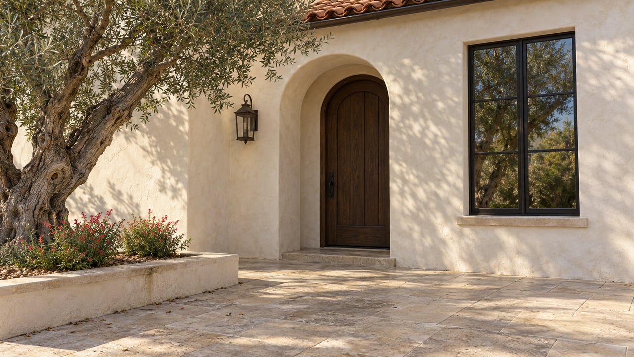 Ivory stucco home with a deep arched oak entry, divided-light window, and olive tree in a raised bed.