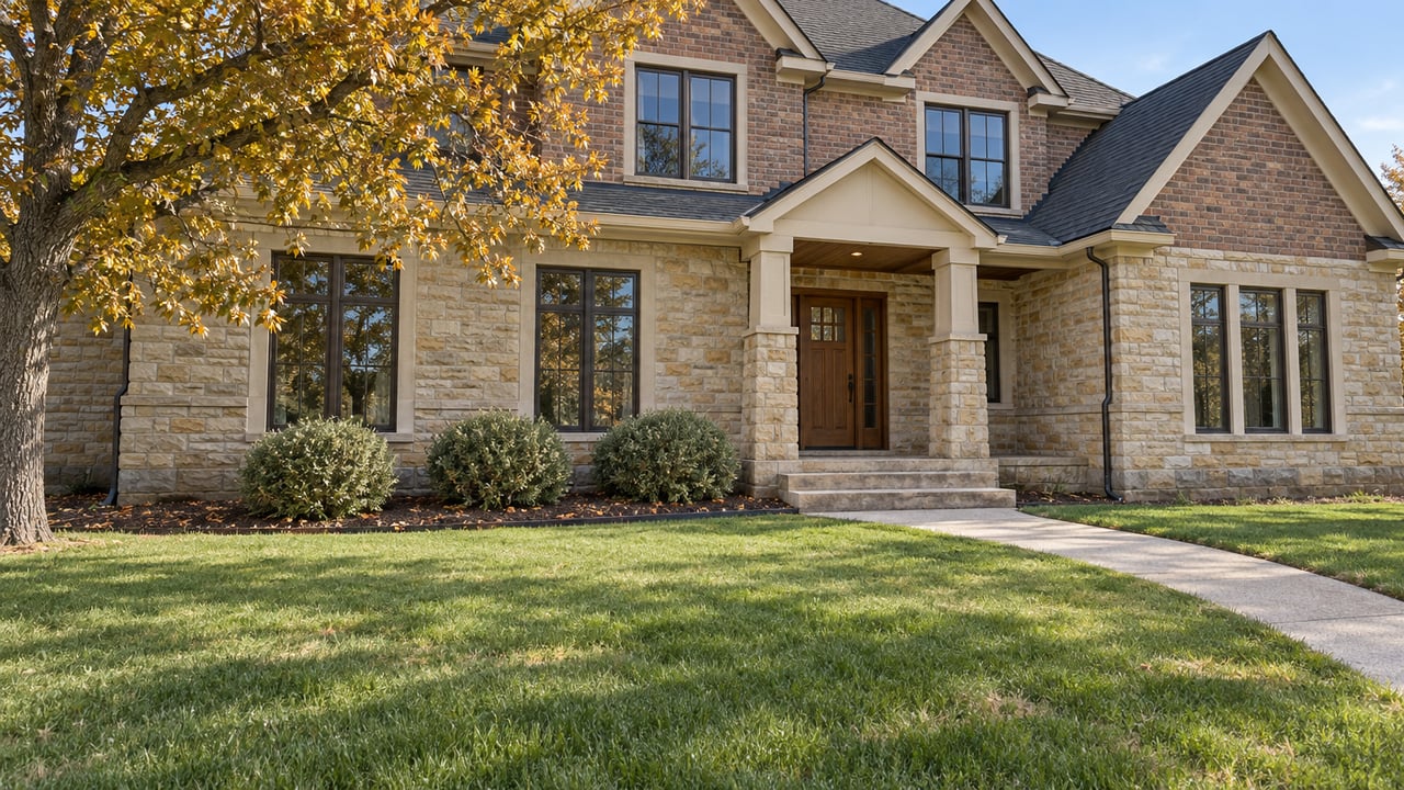 Stone-and-brick gabled home behind a deep front lawn, with an oak tree and a curved concrete entry walk in autumn morning light.