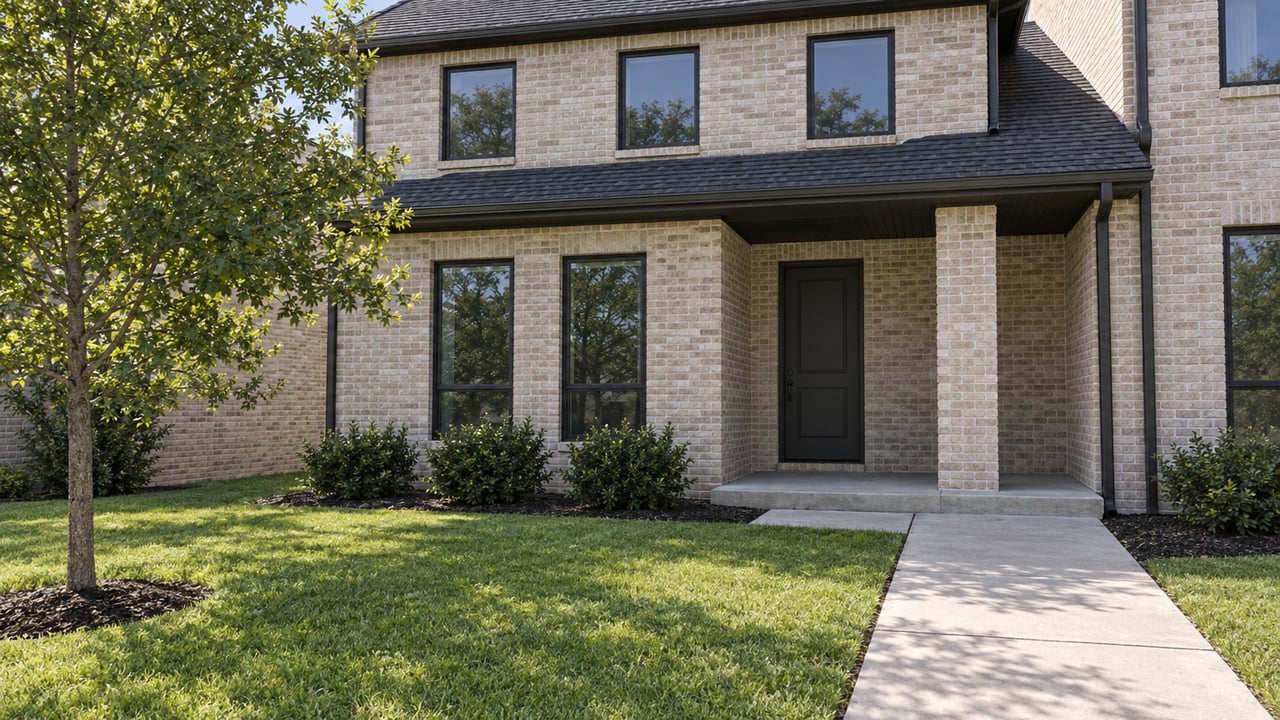 Pale brick attached home with dark-framed windows, a recessed covered entry, concrete walk and maintained front lawn.