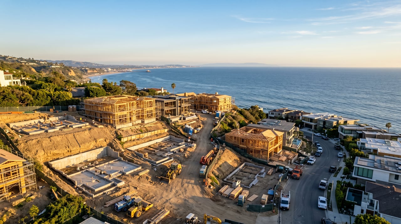Pacific Palisades rebuild construction framing on hillside lots with ocean view in April 2026