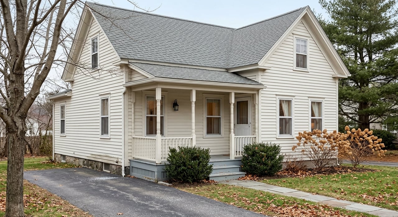 Off-white clapboard house with a white-posted porch, granite walkway, and leafless trees.