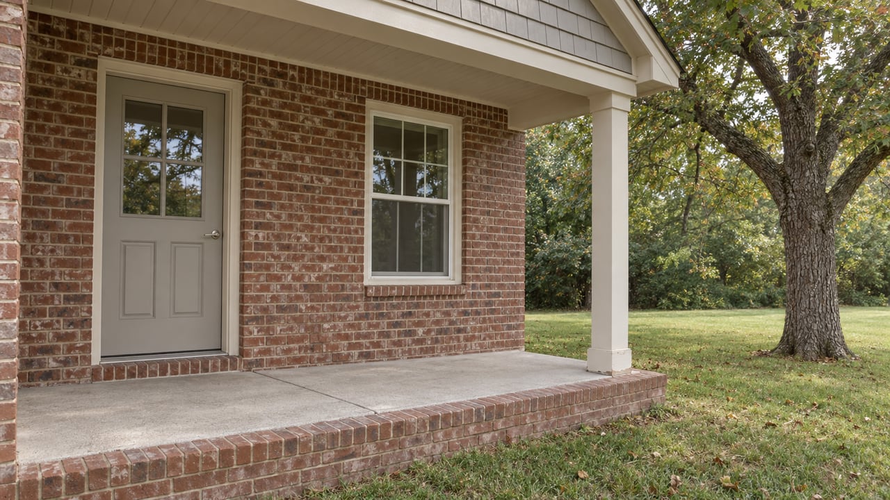 A covered brick home entry with an ivory-trimmed door and window, a raised concrete porch, and a mature oak beside the lawn.