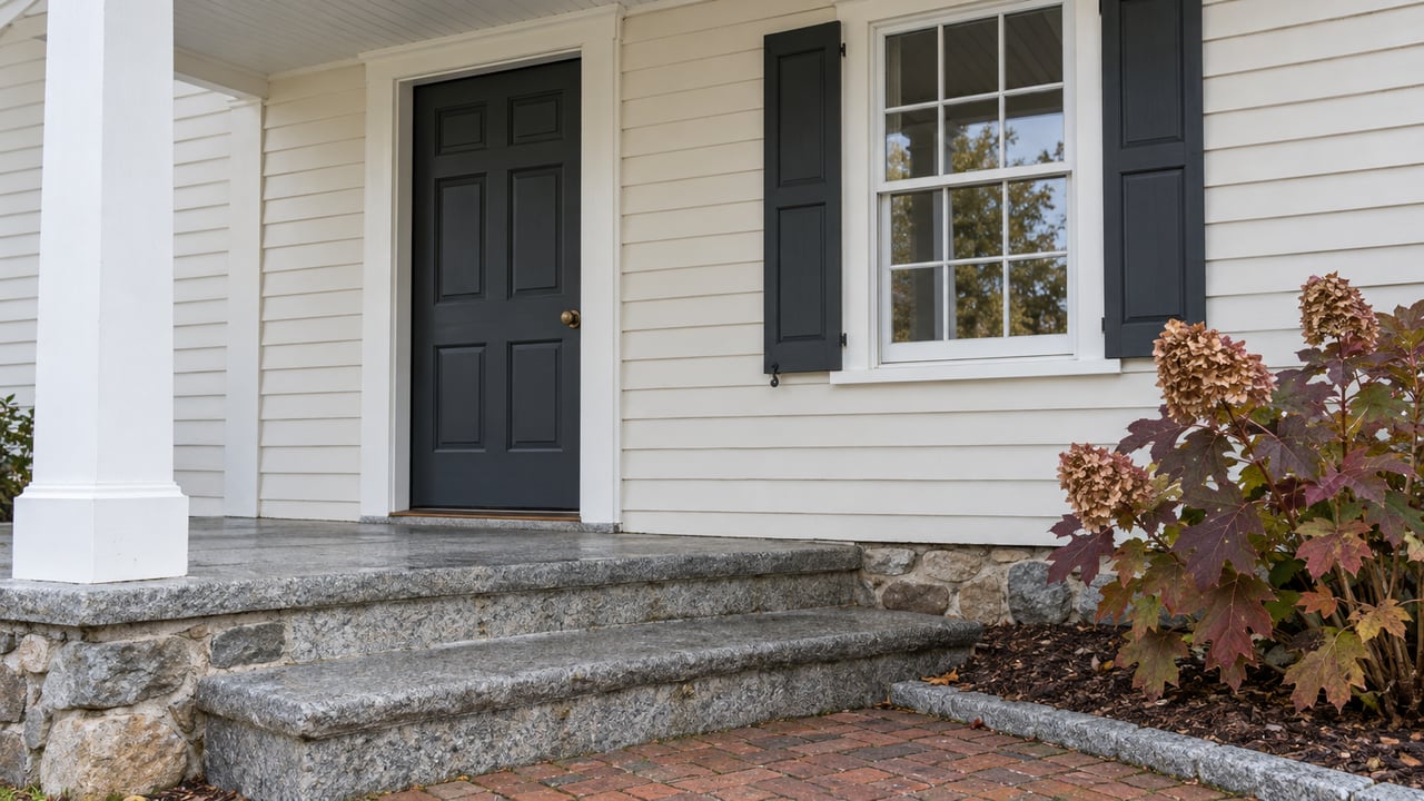 Cream clapboard home entrance with a charcoal paneled door, shuttered window, worn granite steps and autumn oakleaf hydrangea.
