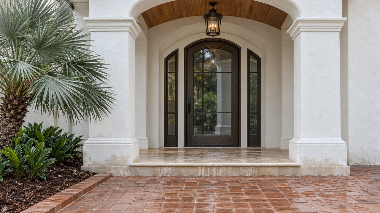 White stucco arched home entry with dark glazed door, wood ceiling, rain-damp terracotta approach and silver-green fan palm.