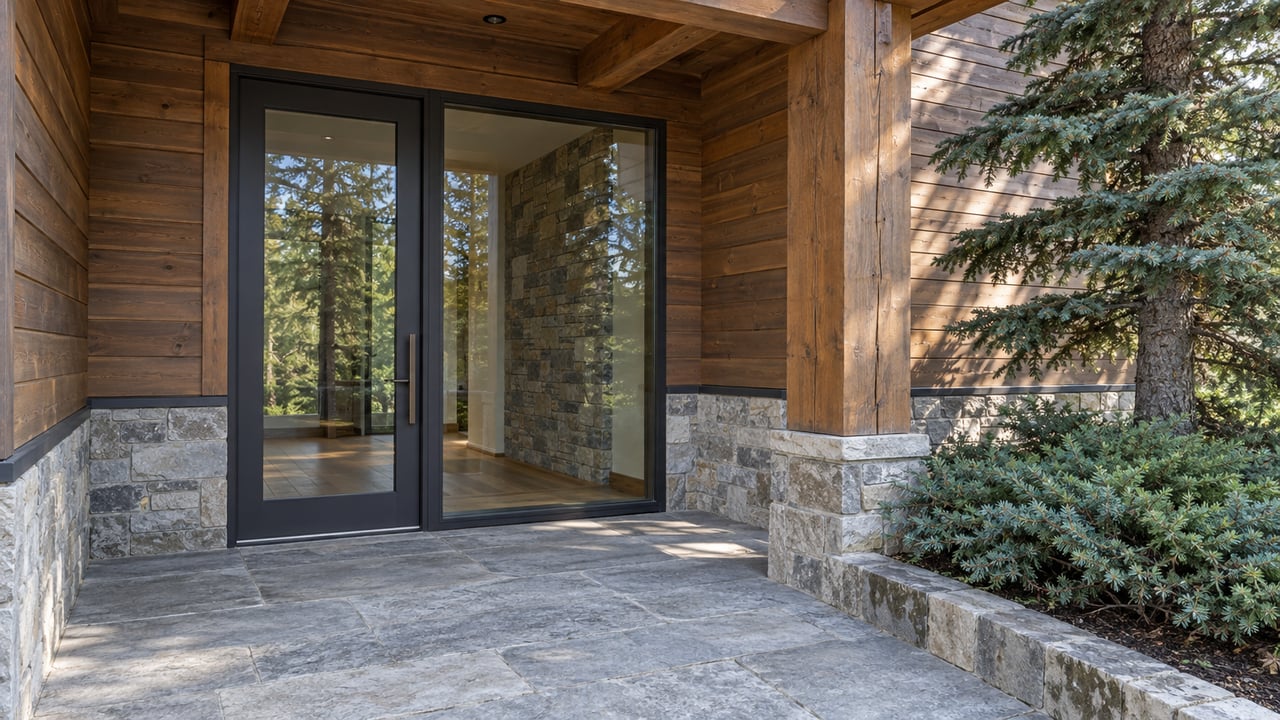 Timber-clad residential entry with charcoal-framed glazing, a limestone landing, and carefully bounded evergreen planting.