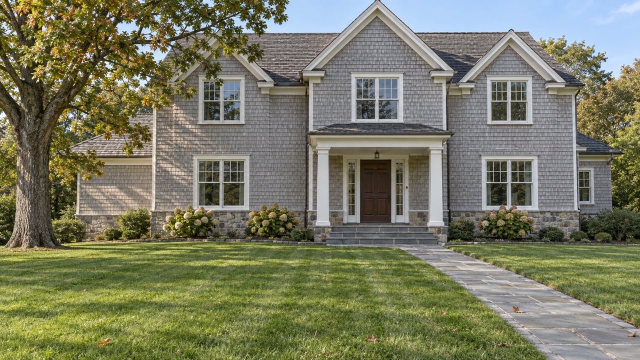 Silver-gray shingled estate house with white divided-light windows, a bluestone entry walk, and a deep lawn beneath a mature white oak.