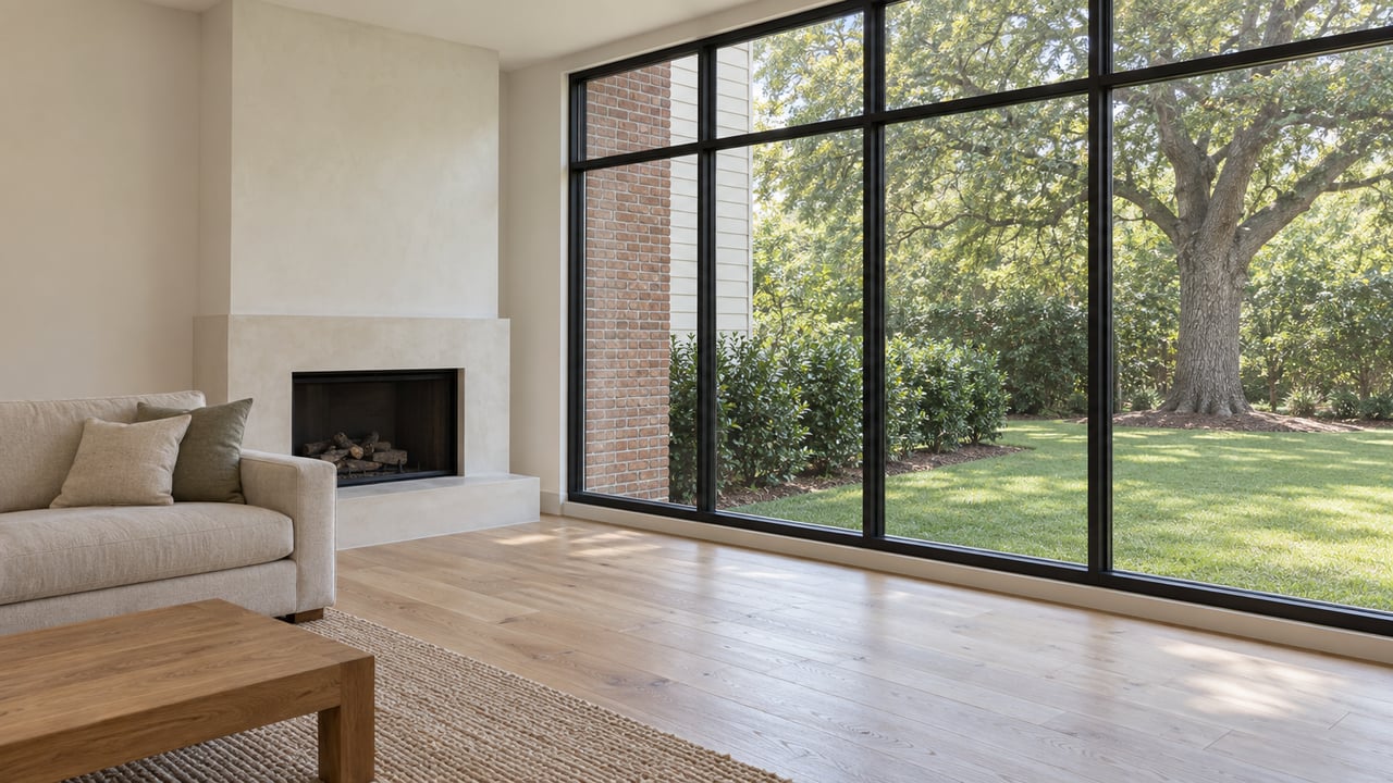 Living room with a pale fireplace, oatmeal sofa, black-grid windows, and an oak tree beyond the glass.