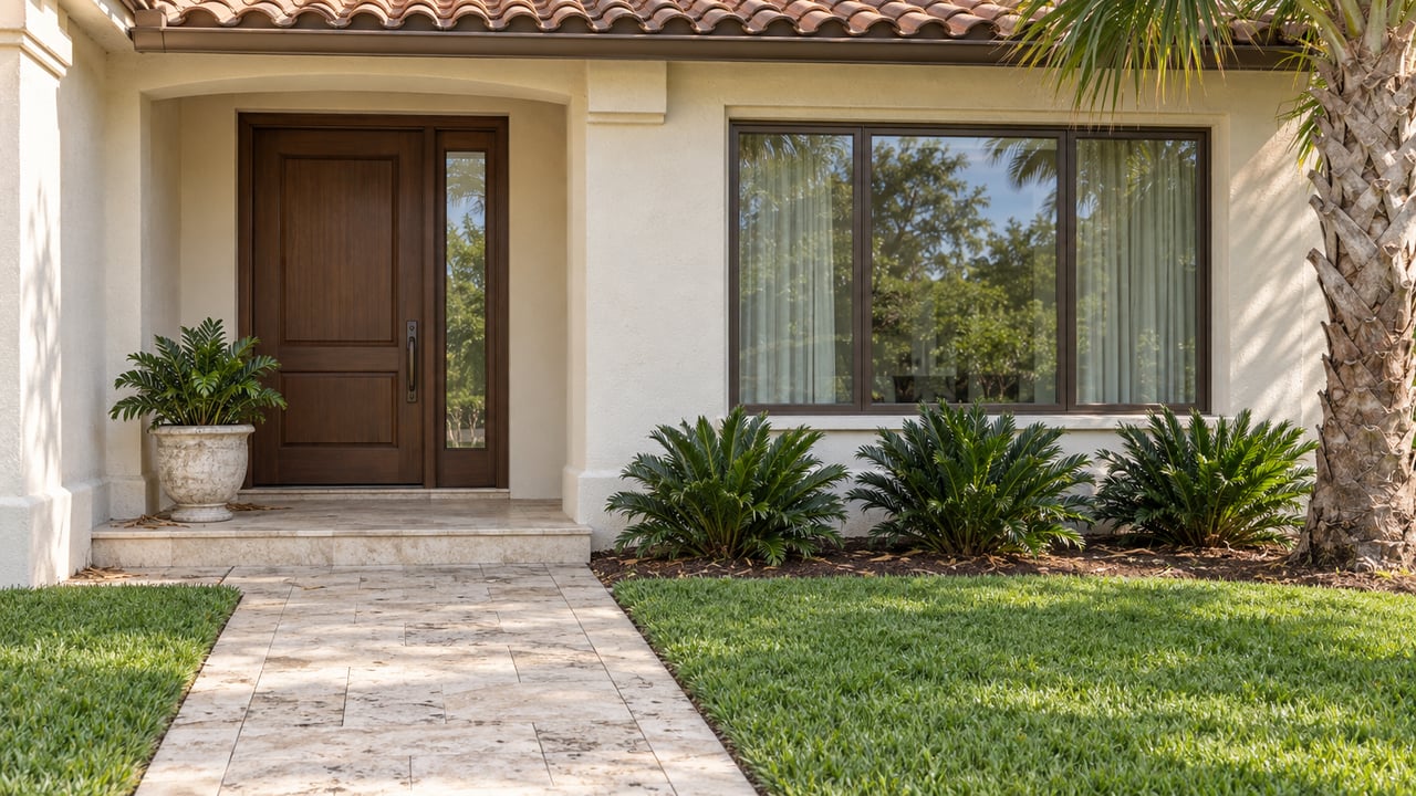 Stucco home entry with a wood door, glazed sidelight, bronze-framed window, limestone path, and palm.