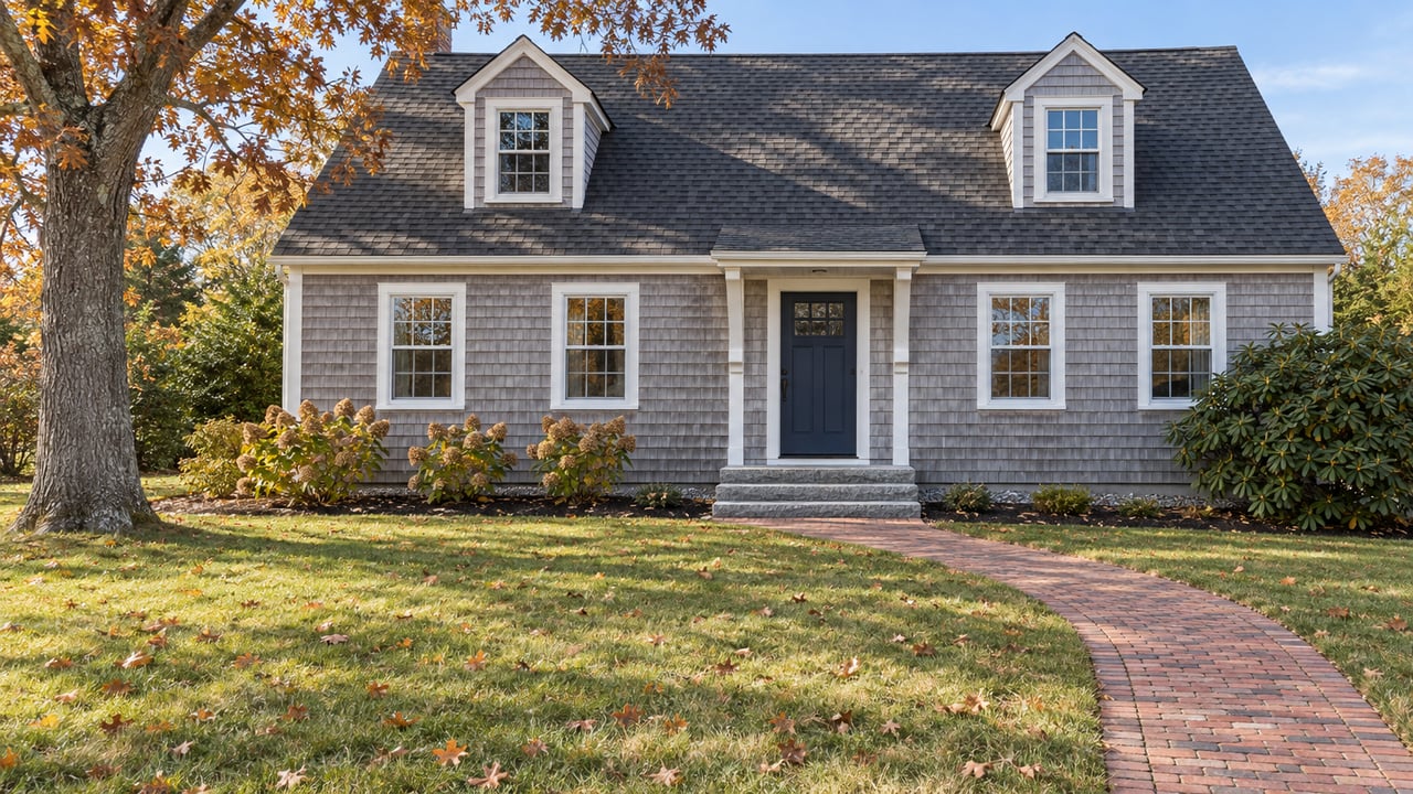 Weathered gray shingle house with white dormers and navy front door beyond an autumn lawn and curved brick walk.