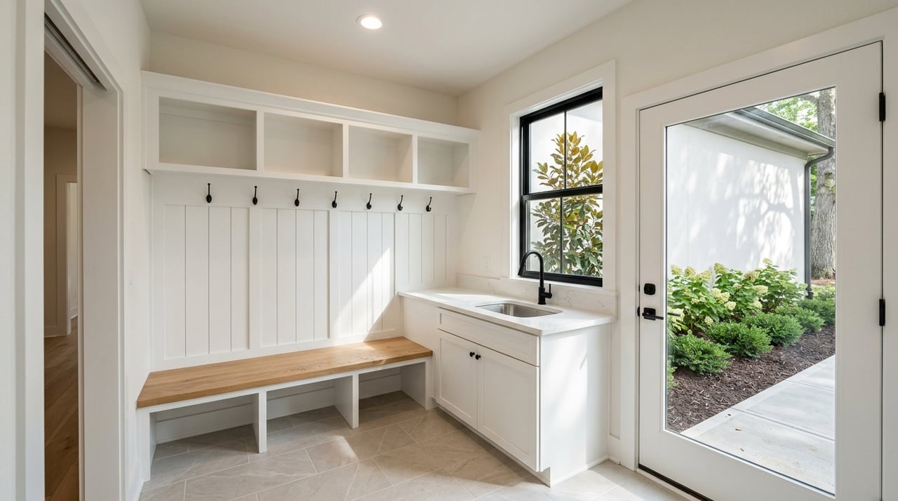 White built-in mudroom bench and cubbies beside a black-framed glass door, with a quartz counter and utility sink.